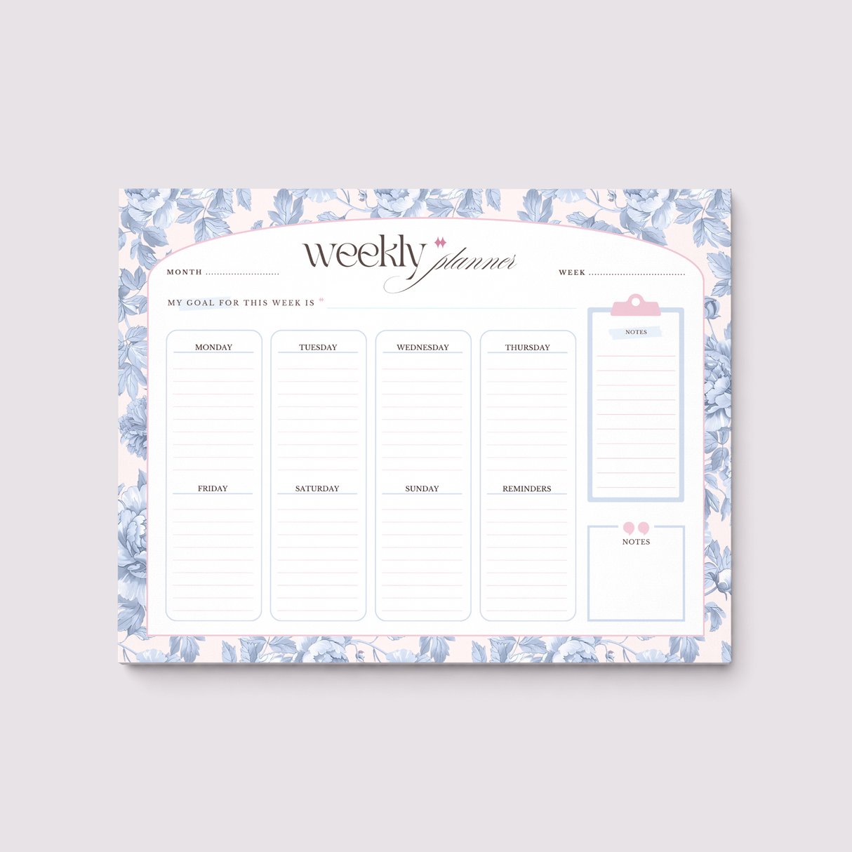 Weekly planner with floral border on a light gray background