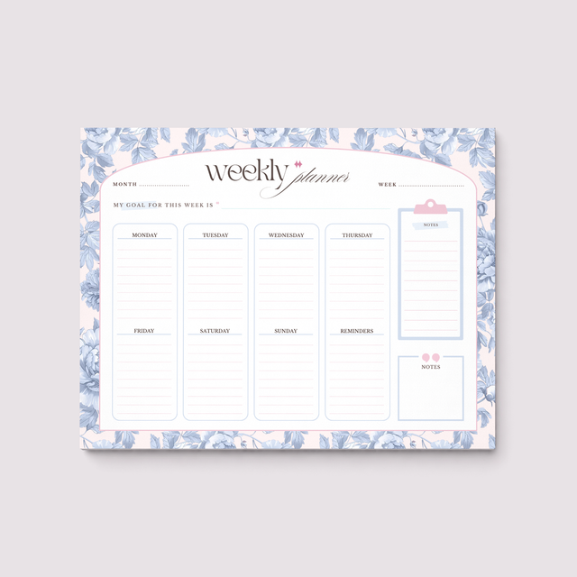 Weekly planner with floral border on a light gray background
