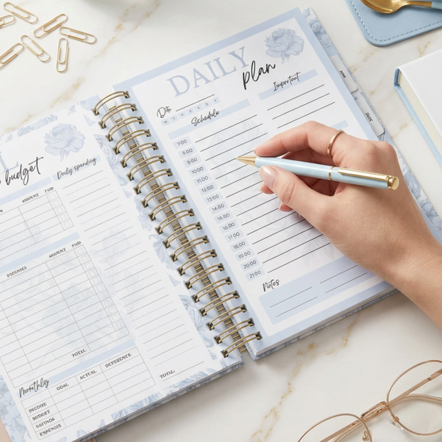 DAILY | Dreamy Peonies | Spiral Planner | Custom Start Month | Blue