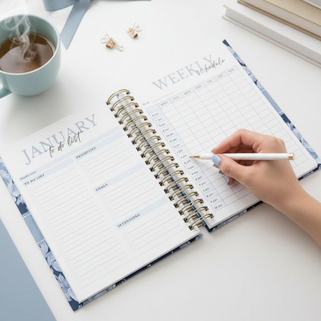 Dark Marigolds | Weekly Spiral Planner | Custom Start Month | Blue