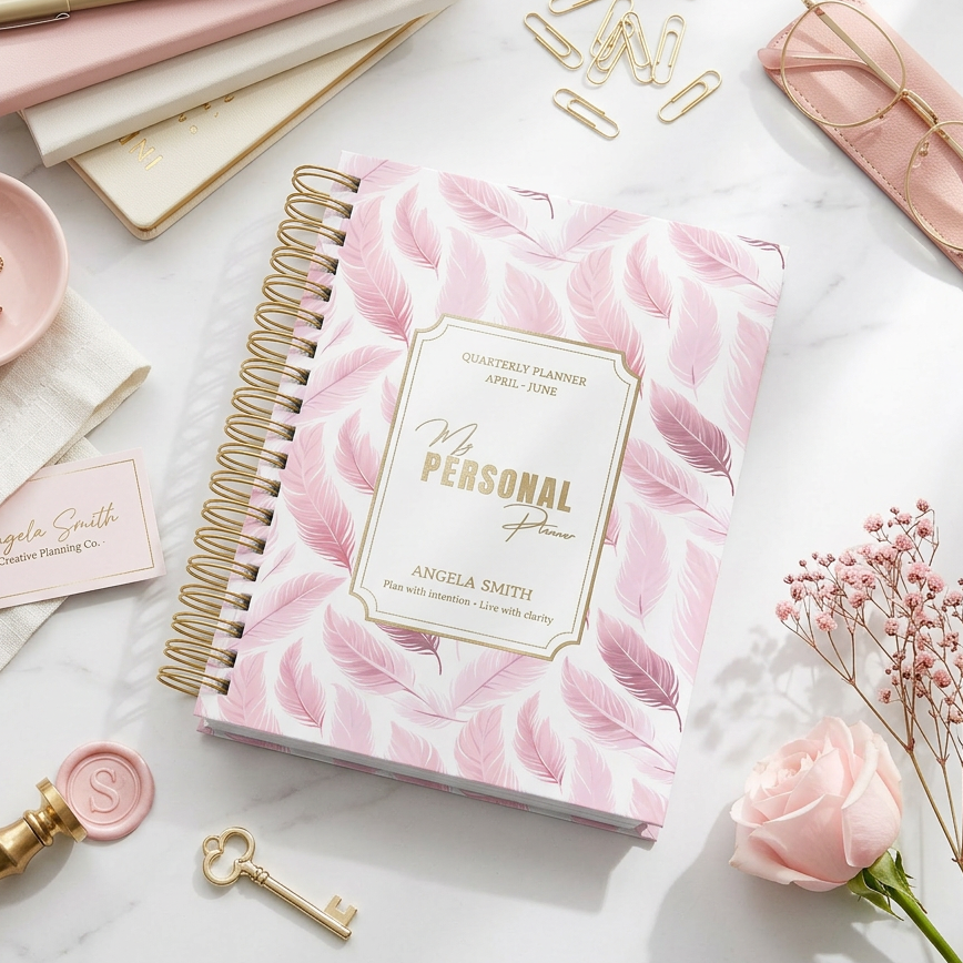 Personal planner with pink floral design on a marble surface with stationery items.