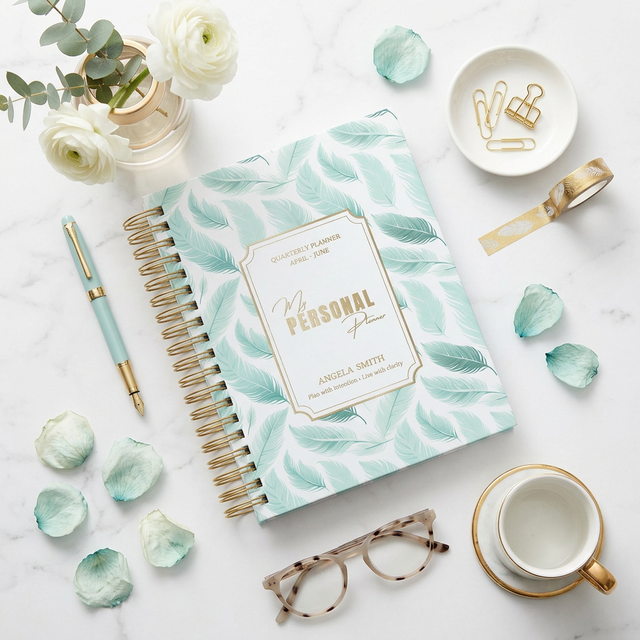 Quarterly | Wispy Feathers | Daily Spiral Planner | Teal