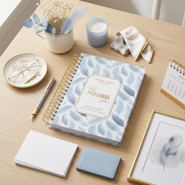 Quarterly | Wispy Feathers | Daily Spiral Planner | Blue