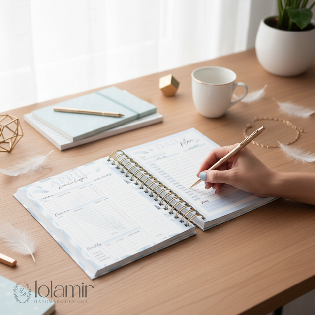 Quarterly | Wispy Feathers | Daily Spiral Planner | Blue