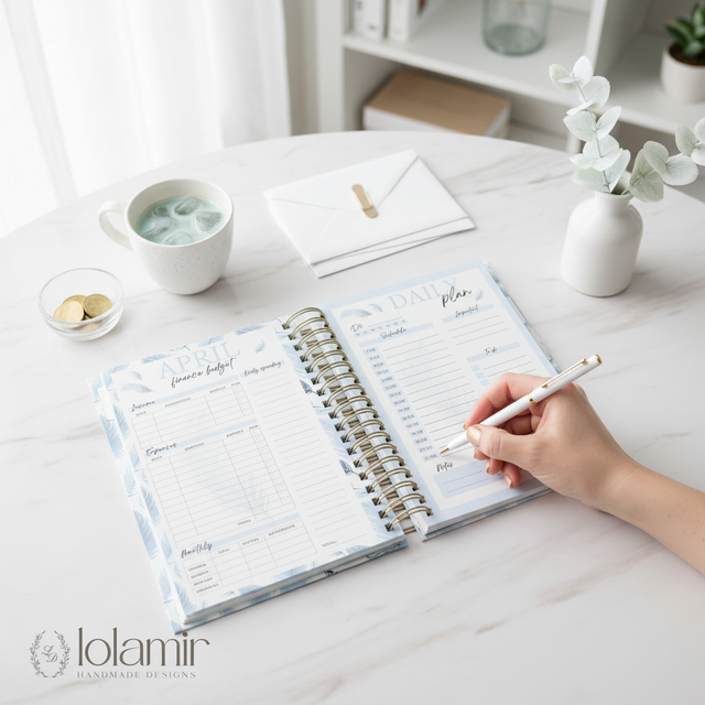 Quarterly | Wispy Feathers | Daily Spiral Planner | Blue