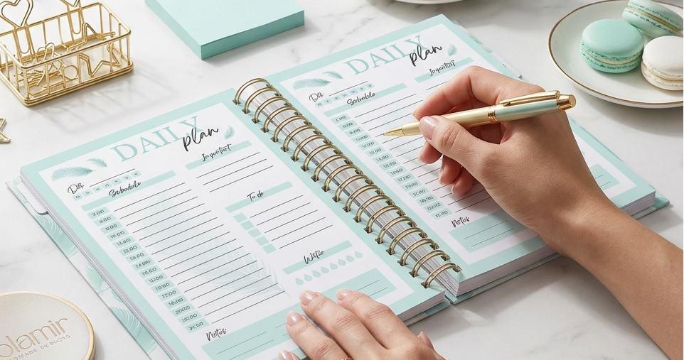 Person using a planner with a cup of coffee and snacks on a table, featuring Lol Amir branding.