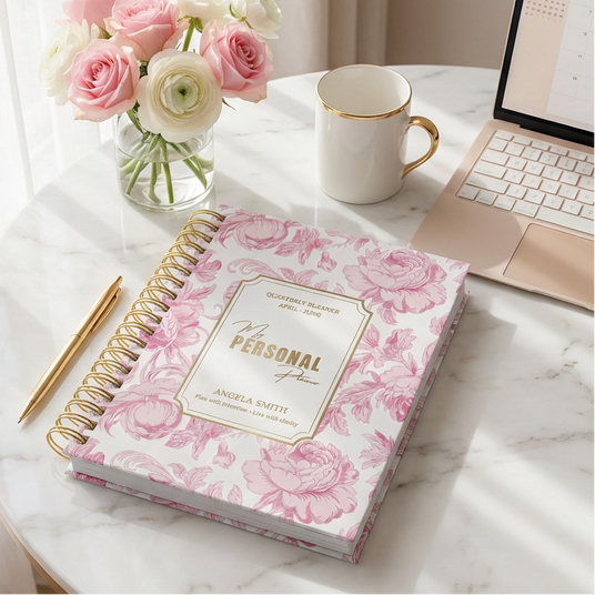 Pink floral notebook on a marble table with a laptop, mug, and flowers.