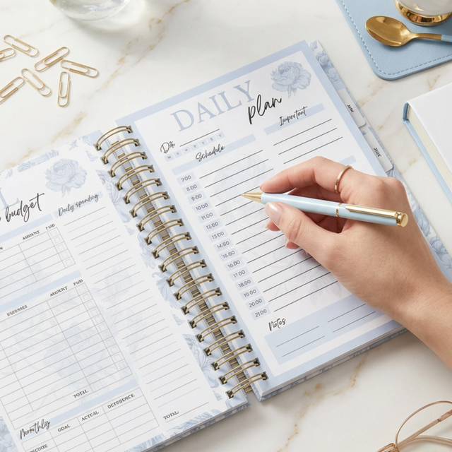 Quarterly | Dreamy Peonies | Daily Spiral Planner | Blue