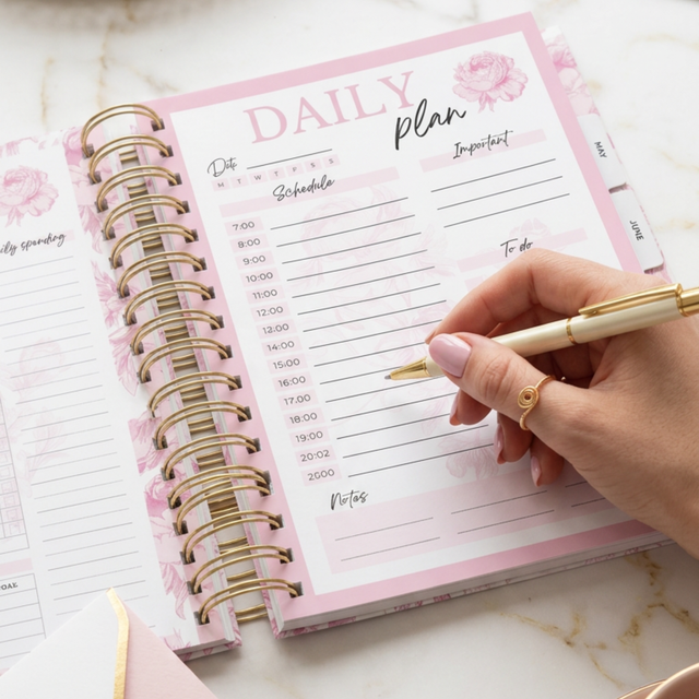 Quarterly | Dreamy Peonies | Daily Spiral Planner | Pink