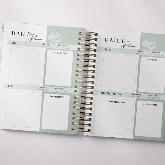 Dreamy Peonies | Daily Spiral Planner | Custom Start Month |Green