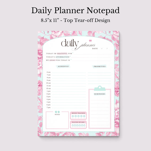 Floral Daily Planner Notepad | Pink Teal Floral Design, 8.5"x11" (Undated)
