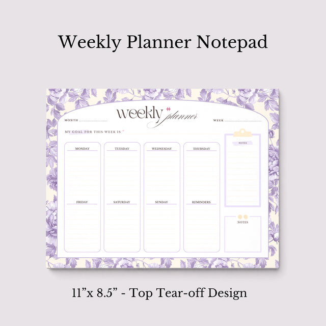 Floral Weekly Planner Notepad | Pastel Purple Yellow Design, Undated Tear-Off Layout