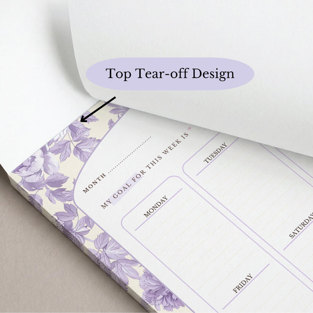 Floral Weekly Planner Notepad | Pastel Purple Yellow Design, Undated Tear-Off Layout