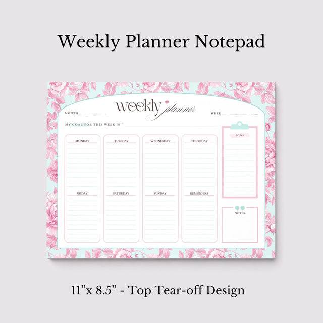 Floral Weekly Planner Notepad | Pink Teal Undated Tear-Off Schedule (8.5" x 11")