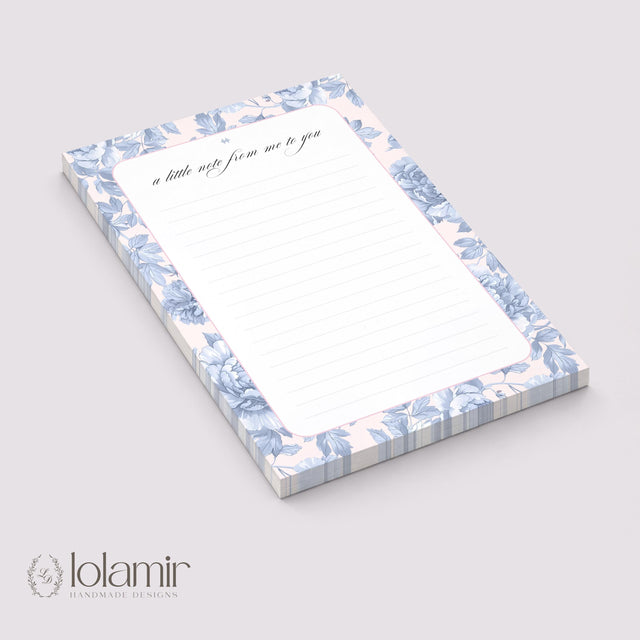 Floral Notepad Stationery Pad | Blue Flowers, Pink Background | 5x7 Lined Sheets