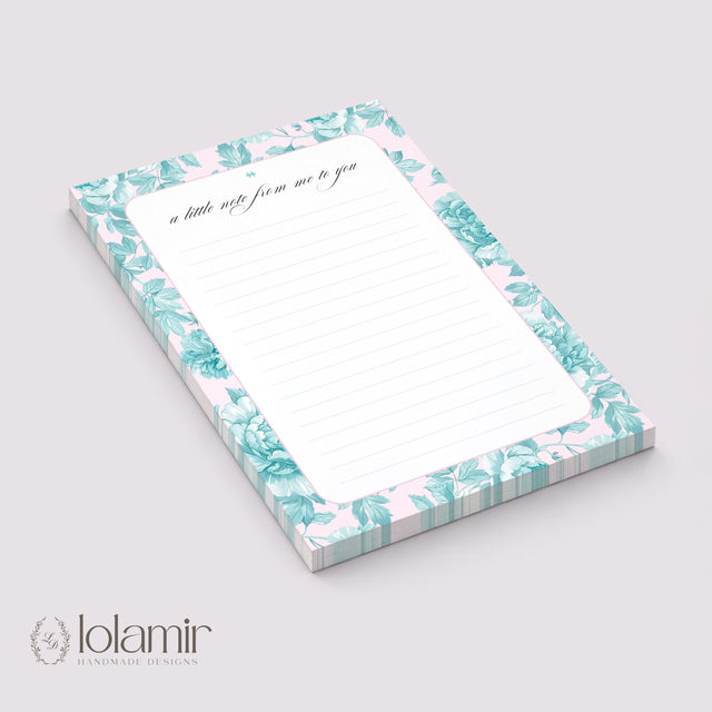 Floral Notepad | Teal Flowers, Pink Background, Lined Stationery Pad