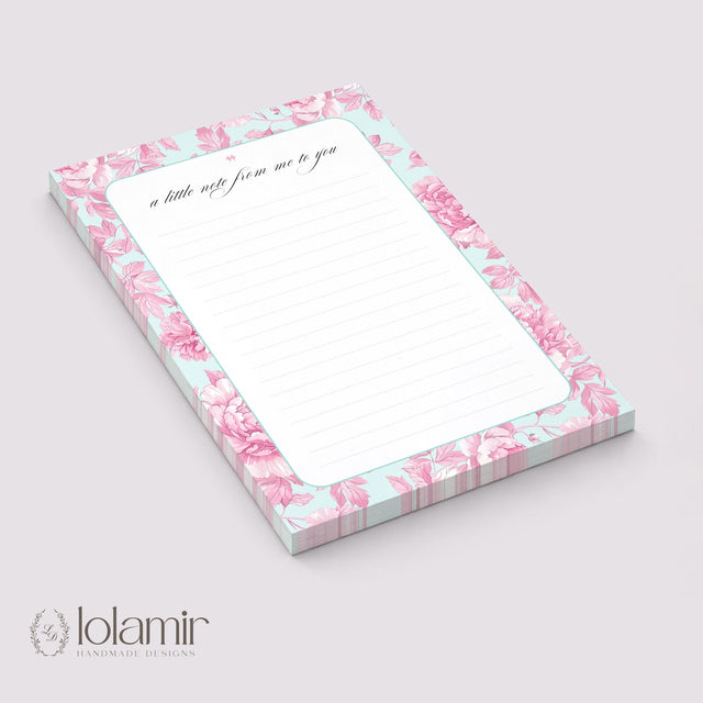 Floral Notepad | Pink Peonies, Teal Background, Lined Stationery Pad