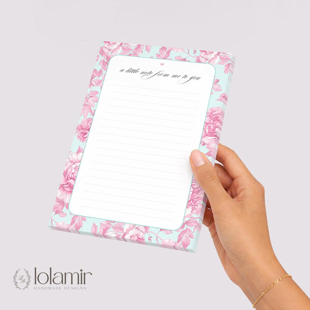 Floral Notepad | Pink Peonies, Teal Background, Lined Stationery Pad