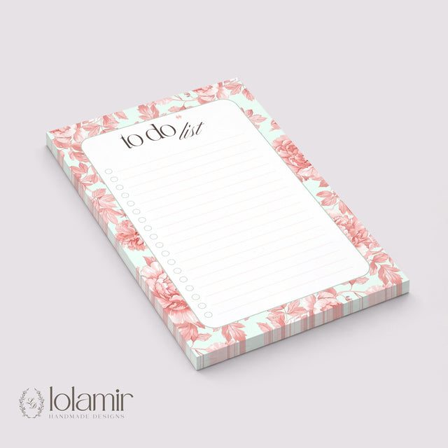 Floral To Do List Notepad | Peach Flowers, Pastel Green Checklist Pad