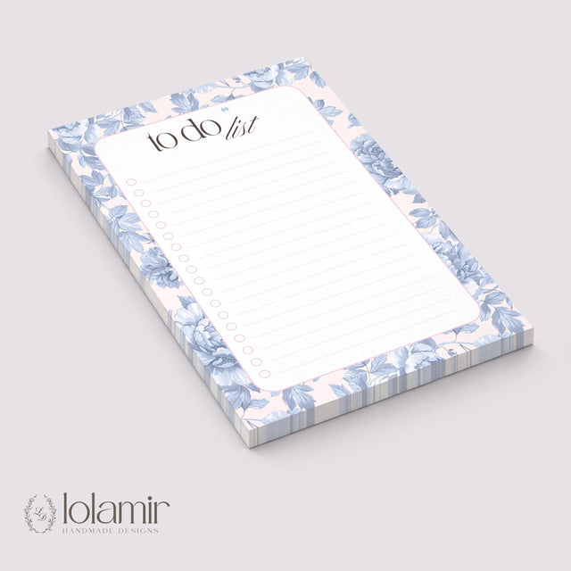 Floral To Do List Notepad | Blue Flowers Pastel Pink Checklist Pad