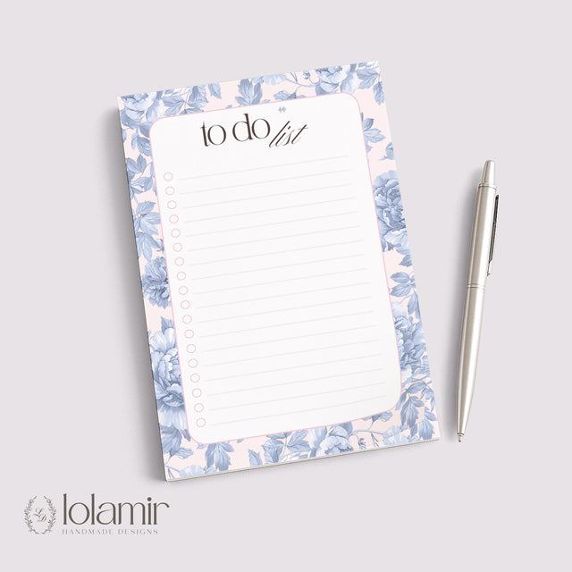 Floral To Do List Notepad | Blue Flowers Pastel Pink Checklist Pad