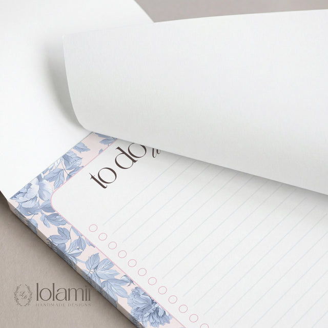 Floral To Do List Notepad | Blue Flowers Pastel Pink Checklist Pad