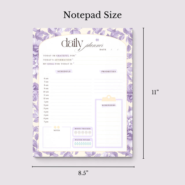 Daily Planner Notepad Floral Lilac Yellow | Tear Off Undated Letter Size | Gift for Her