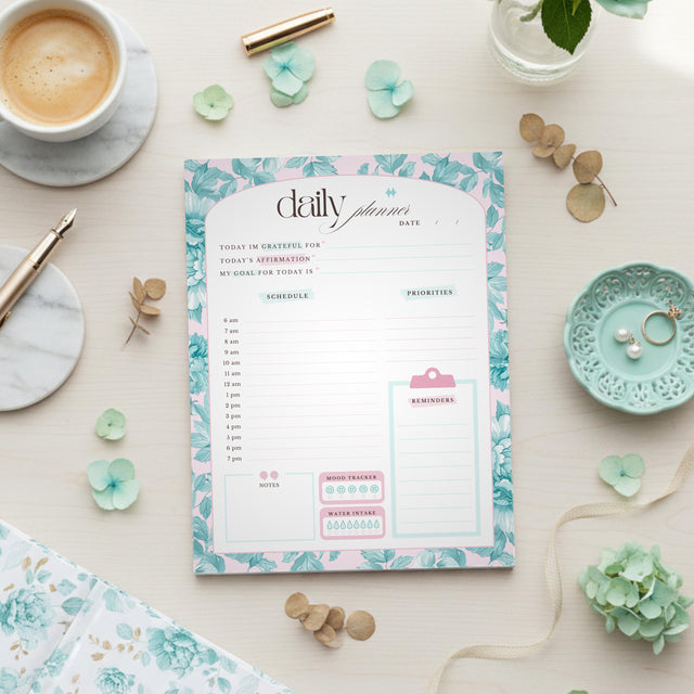 Daily Planner Notepad Floral Teal Pink | Tear Off Undated Letter Size | Gift for Her