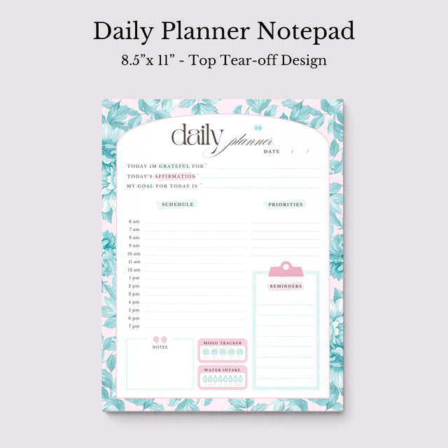 Daily Planner Notepad Floral Teal Pink | Tear Off Undated Letter Size | Gift for Her