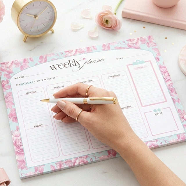 Floral Weekly Planner Notepad | Pink Teal Undated Tear-Off Schedule (8.5" x 11")