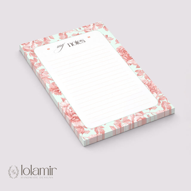 Floral Lined Notepad | Peach Sage Green Tear-Off Desk Pad | 5x7 Stationery