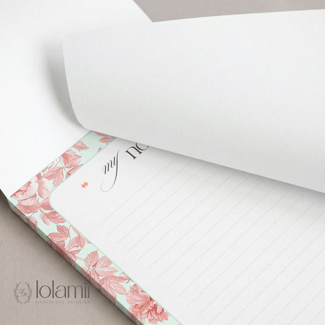 Floral Lined Notepad | Peach Sage Green Tear-Off Desk Pad | 5x7 Stationery