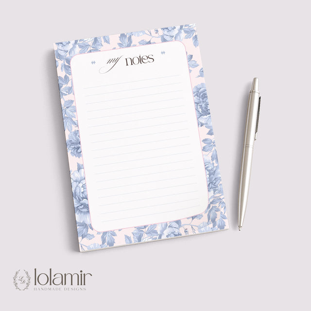 Floral Lined Notepad | Pastel Blue Pink Stationery Tear-Off Pad (5x7)