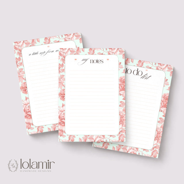 Floral Notepad | Peach Flowers, Pastel Green Stationery Pad (5x7 Inches)