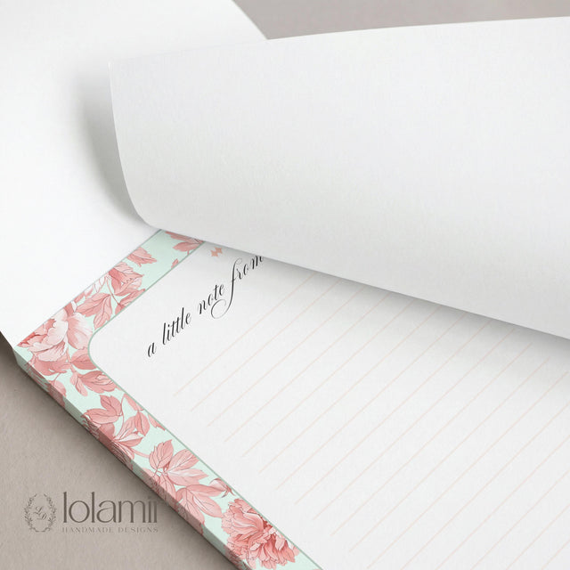 Floral Notepad | Peach Flowers, Pastel Green Stationery Pad (5x7 Inches)
