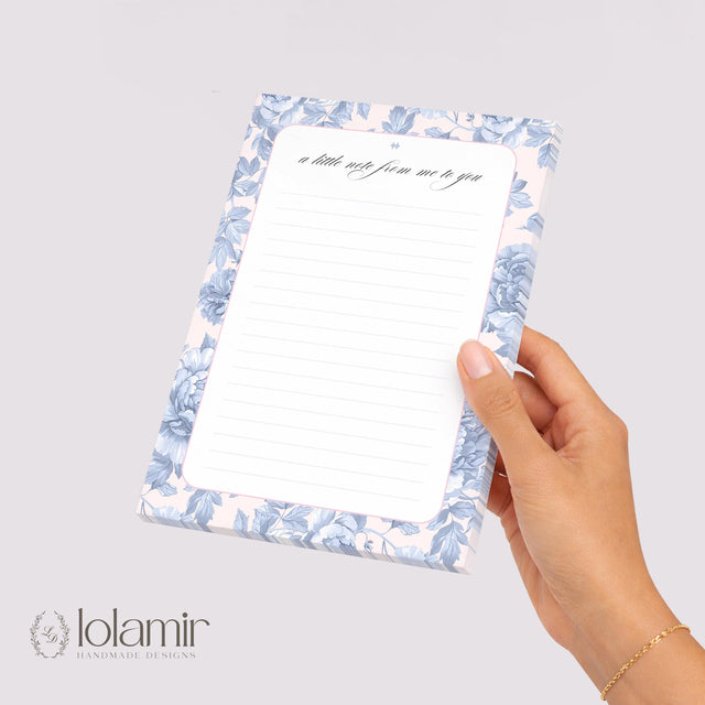 Floral Notepad Stationery Pad | Blue Flowers, Pink Background | 5x7 Lined Sheets