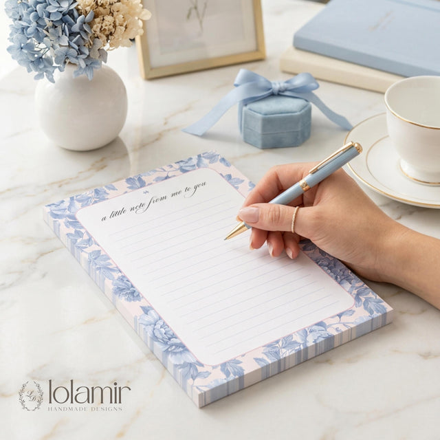 Floral Notepad Stationery Pad | Blue Flowers, Pink Background | 5x7 Lined Sheets
