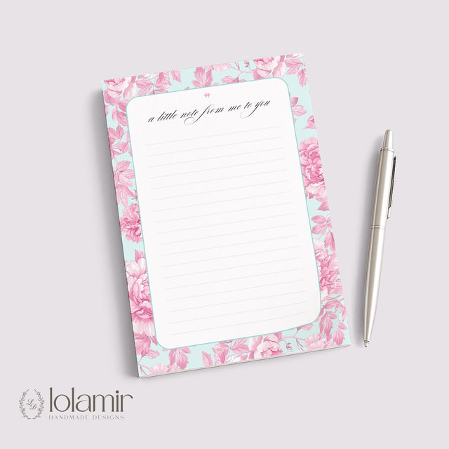 Floral Notepad | Pink Peonies, Teal Background, Lined Stationery Pad