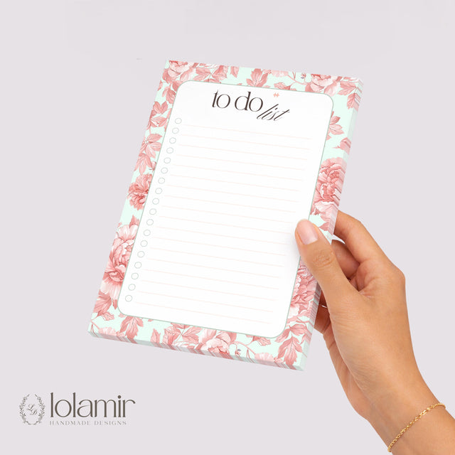 Floral To Do List Notepad | Peach Flowers, Pastel Green Checklist Pad