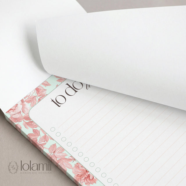 Floral To Do List Notepad | Peach Flowers, Pastel Green Checklist Pad