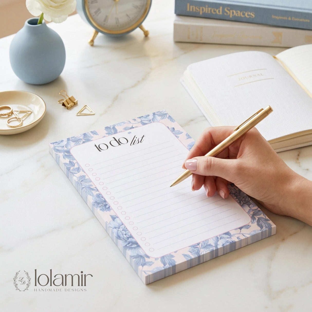 Floral To Do List Notepad - Blue Flowers Pastel Pink Checklist Pad - view 2