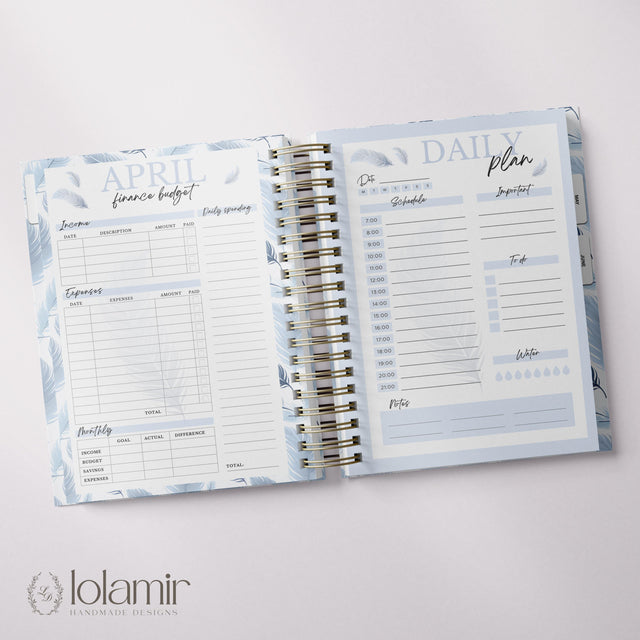 Wispy Feathers Quarterly | Weekly Spiral Planner | Blue