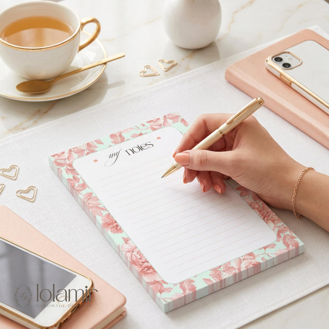 Floral Lined Notepad | Peach Sage Green Tear-Off Desk Pad | 5x7 Stationery