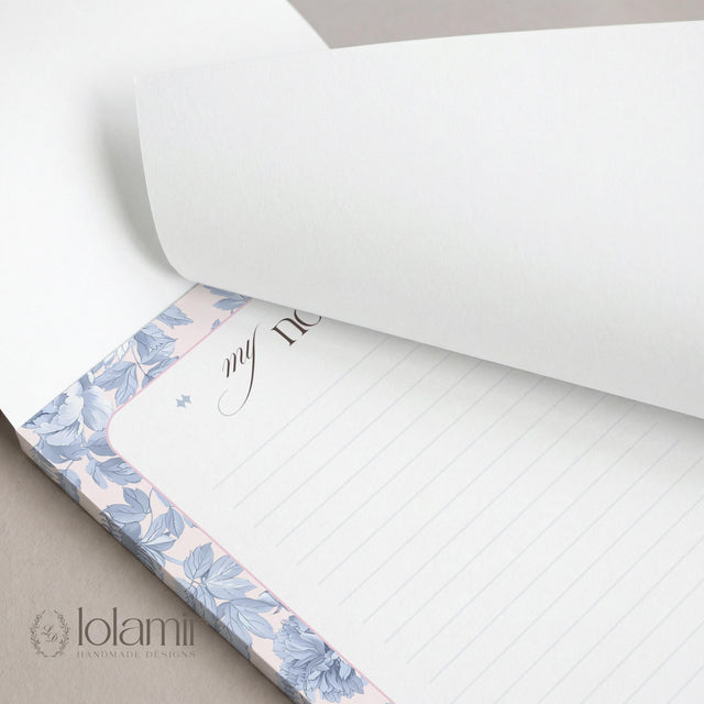 Floral Lined Notepad | Pastel Blue Pink Stationery Tear-Off Pad (5x7)