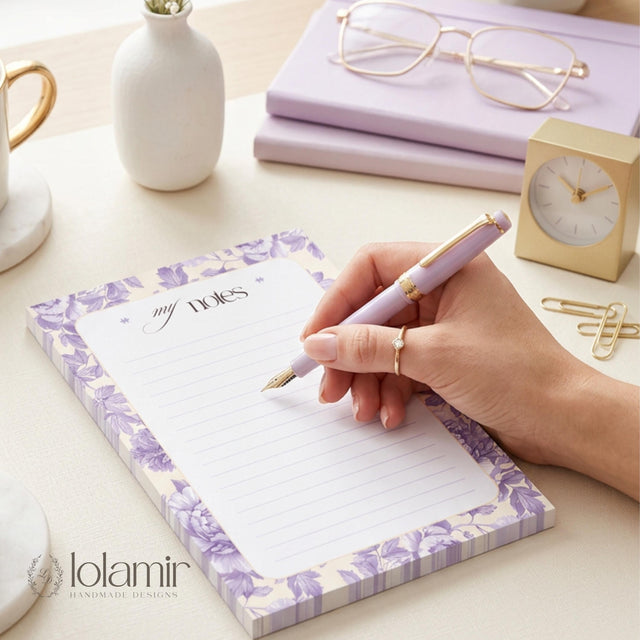 Floral Lined Notepad | Pastel Purple Yellow Tear-Off Pad (5x7)