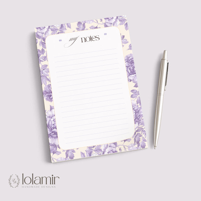Floral Lined Notepad | Pastel Purple Yellow Tear-Off Pad (5x7)