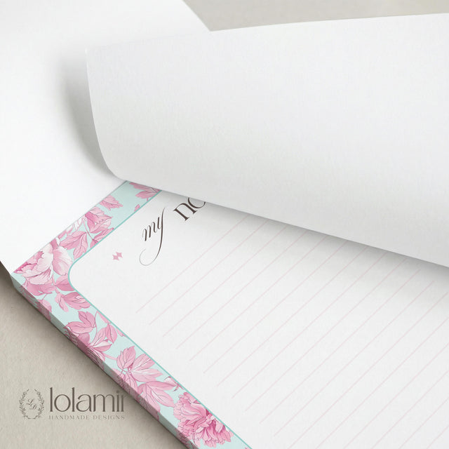 Floral Lined Notepad | Pastel Pink Teal Desk Stationery Pad (5x7)