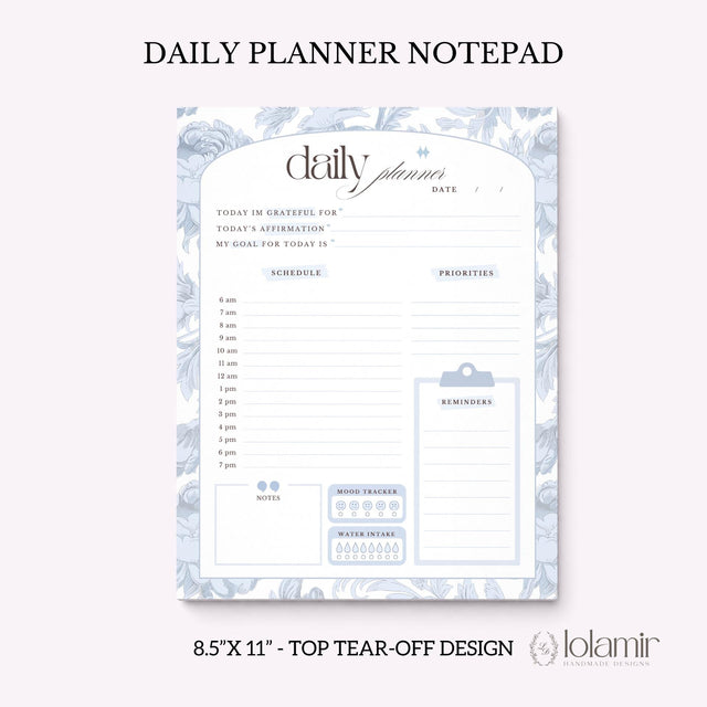 Daily Planner Notepad Blue Lilies | Tear Off Undated Letter Size | Gift