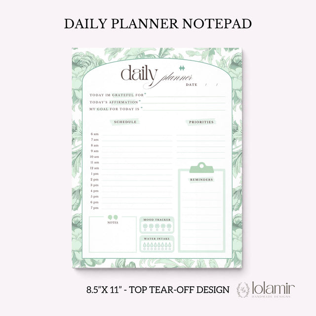 Daily Planner Notepad Green Lilies | Tear Off Undated Letter Size | Gift