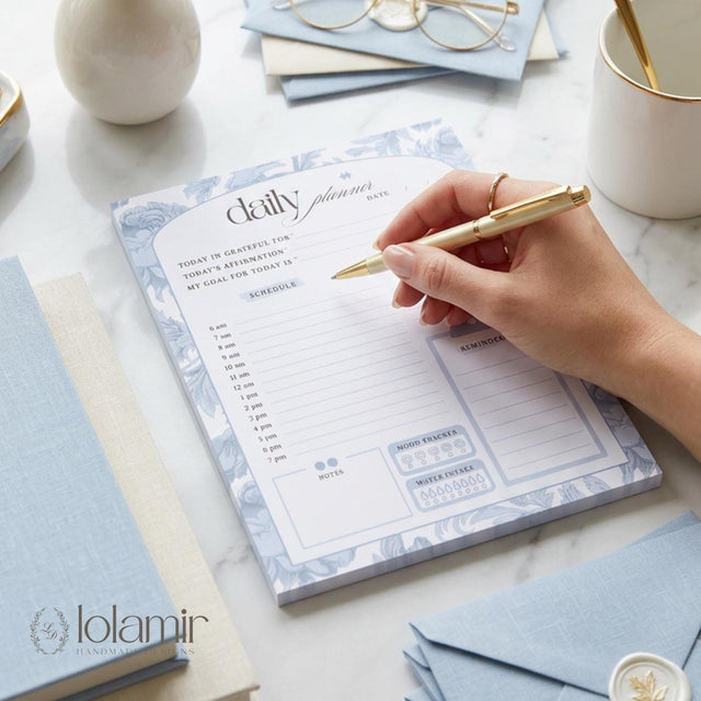 Daily Planner Notepad Blue Lilies | Tear Off Undated Letter Size | Gift